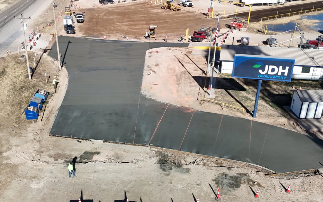 Aerial view of new concrete placed at the JDH and Company Friona facility by Bermea Construction